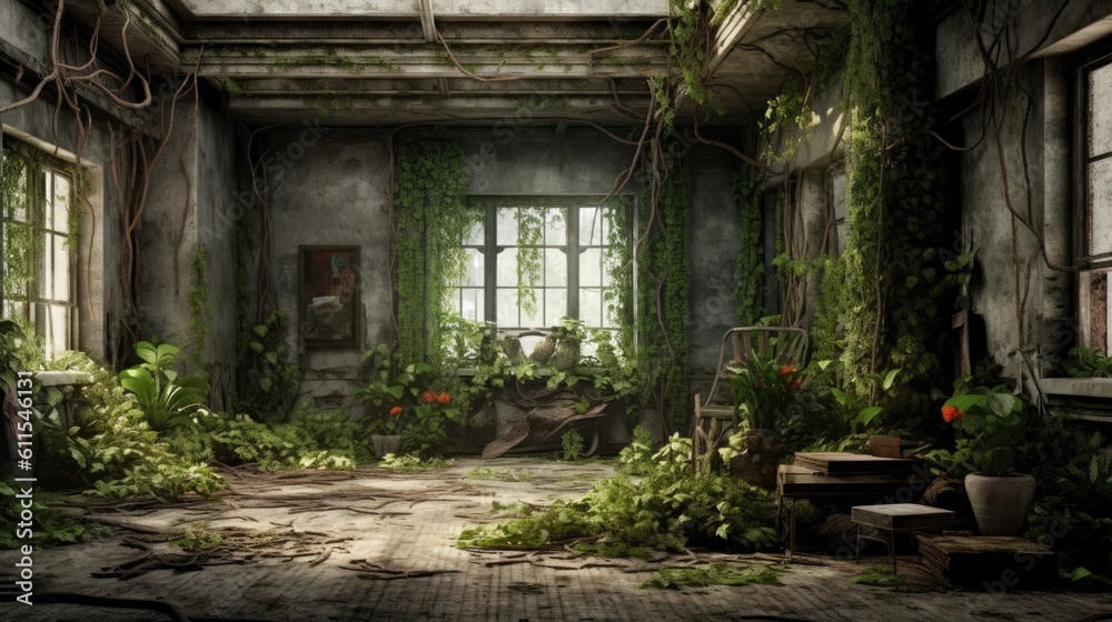 unclean abandoned post-apocalyptic classic room background with plants, Generative AI unclean abandoned post-apocalyptic classic room background with plants, Generative AI