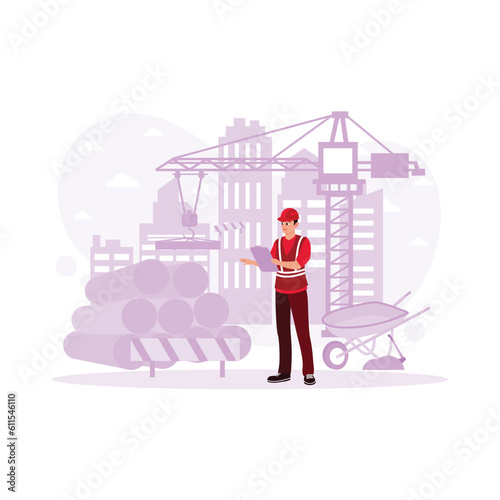 Man in Helmet and Suit on Project. Architects and construction workers. Trend Modern vector flat illustration.