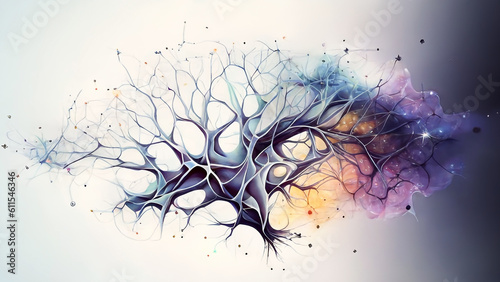 Digital illustration of  neuron  in colour  background. 3D rendering generative AI