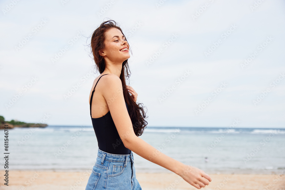 woman beach ocean summer sand vacation running young sea nature smile woman beach ocean summer sand vacation running young sea nature smile