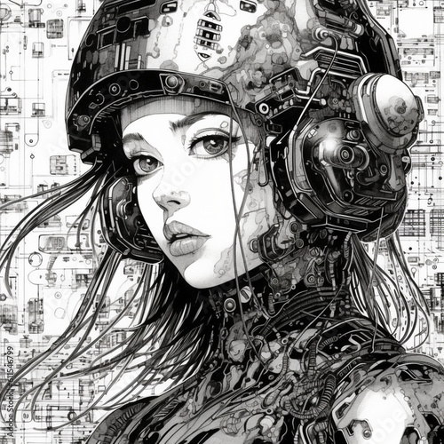  an amazing style of surreal manga illustration of cyberpunk, futuristic cyborg, girl portraits in black and white Created with generative AI tools.