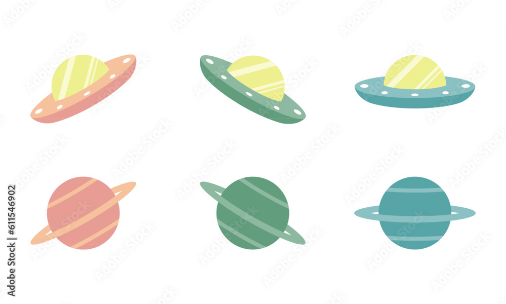 Cute unidentified flying object with star ring doodle cartoon icon flat vector design