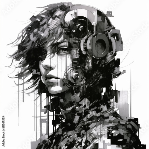  an amazing style of surreal manga illustration of cyberpunk, futuristic cyborg, man portraits in black and white Created with generative AI tools.