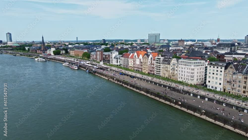 Drone shot of Düsseldorf city on the banks of the Rhine River on a beautiful sunny day . Dusseldorf , Germany Drone shot of Düsseldorf city on the banks of the Rhine River on a beautiful sunny day . Dusseldorf , Germany