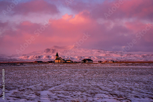 church and mountain at sunset in Iceland