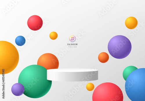 3D background realistic white cylinder podium with bounce colorful balls around. LGTOQ wall minimal scene. Mockup product display. Abstract geometric platforms. Pride stage showcase. Vector rendering.