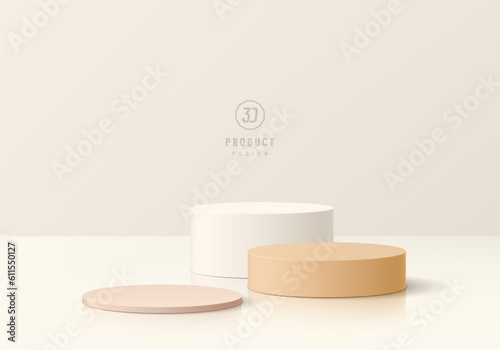 3D background with set of realistic white, beige and brown cylinder pedestal podium. Wall minimal mockup cosmetic product display. Abstract geometric platforms. Round stage showcase. Vector rendering.