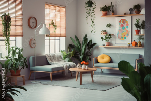 An interior room with plants on it, in the style of daz3d, light cyan and orange,  Generative AI photo