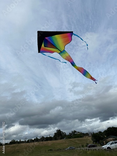 Colorful rainbow kite with long tail soaring high in a cloudy blue sky, bright fabric contrasting against dramatic cloud formations on a breezy day.