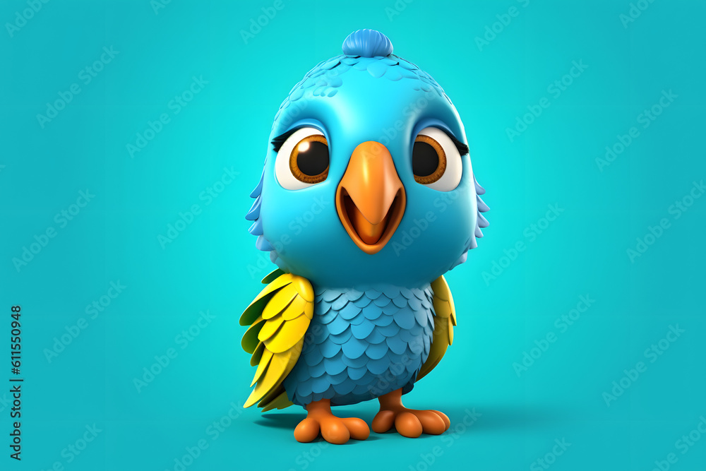 Fototapeta premium Cute blue cartoon 3d Parrot, 3d Cartoon Parrot with yellow feathers, Colorful cute Parrot generative AI