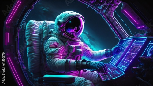 Astronaut or spaceman on cockpit with outer space background. Neon lights style. Generative ai © Rijaliansyah