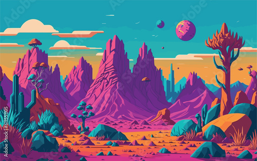 background illustration showcasing a mystical and otherworldly alien landscape with strange rock formations  glowing plants  and surreal skies. utilize a surreal and imaginative color palette of flat