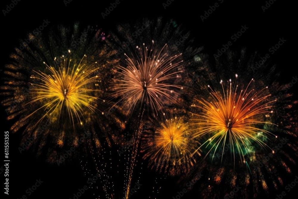 five multicolored fireworks on a black background