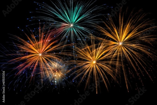 five multicolored fireworks on a black background