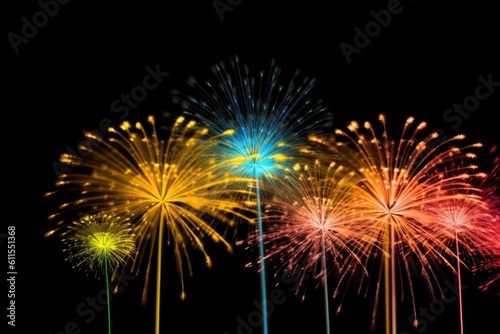 five multicolored fireworks on a black background