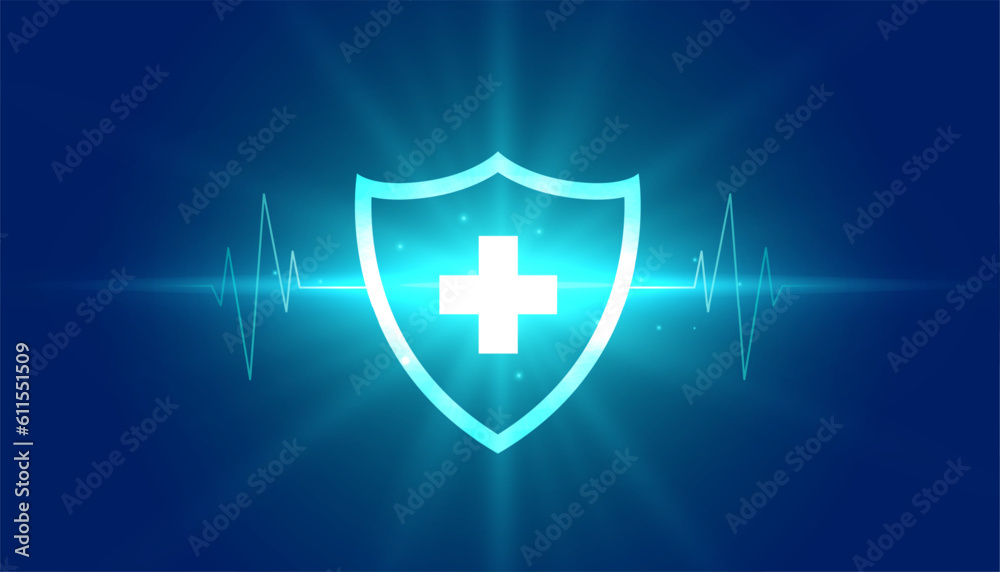 Obraz premium shiny shield and cardiograph blue background for medical care
