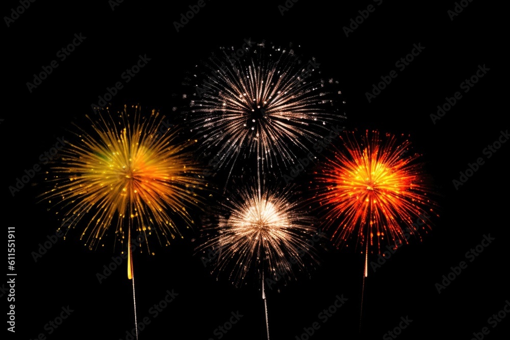 five multicolored fireworks on a black background