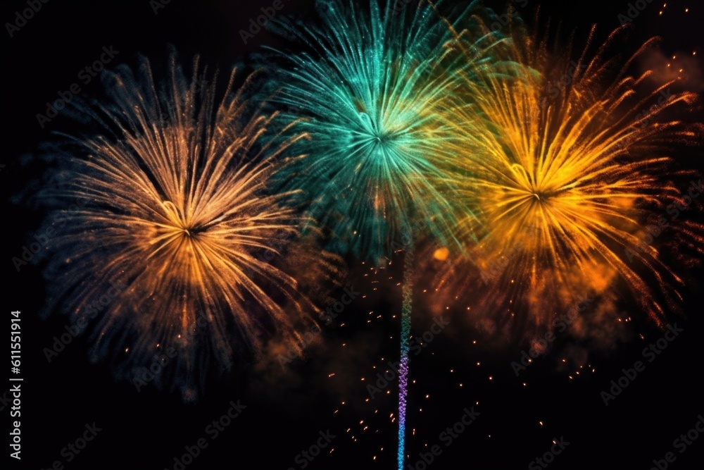 Fototapeta premium five multicolored fireworks on a black background