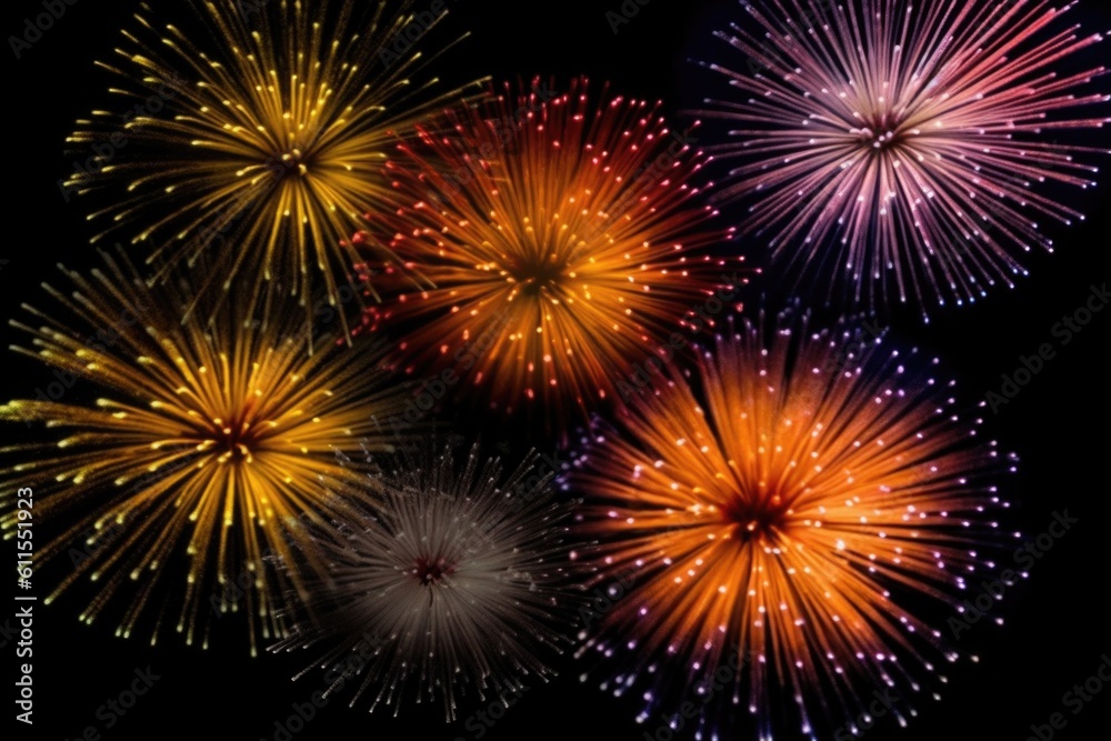 five multicolored fireworks on a black background