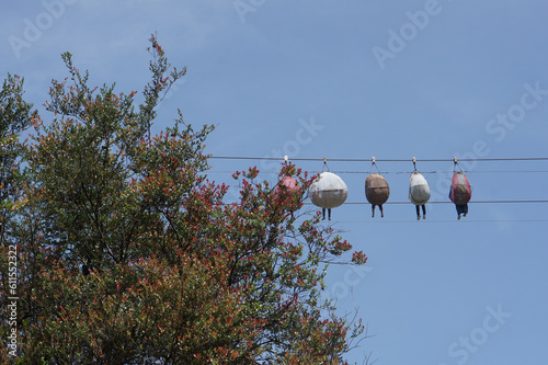 A group of passenger of skyride chair passing by in front of trees at Kawah Rengganis, Ciwidey Indonesia photo