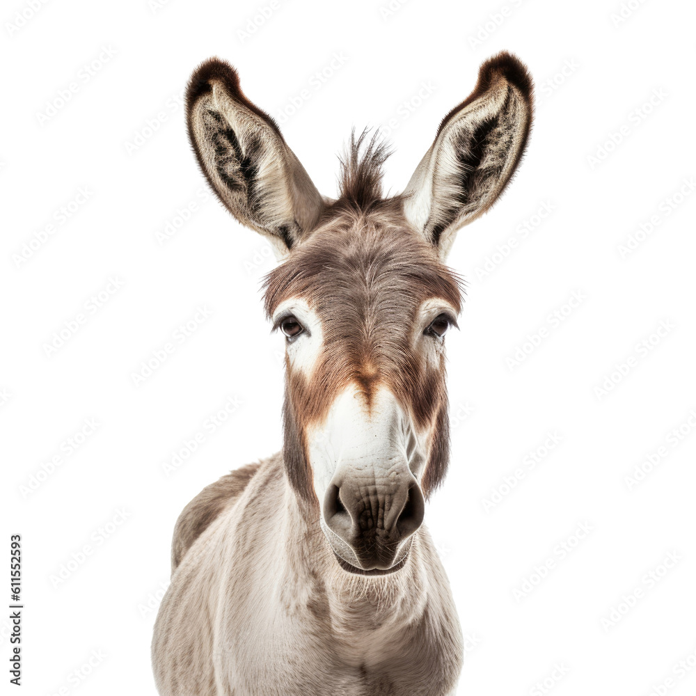 portrait of a donkey isolated on transparent background cutout