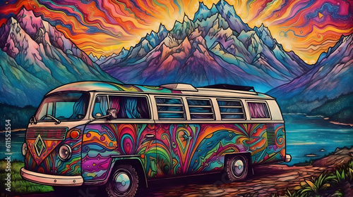 Camper van with patterns against mountain at sunset AI generative illustration photo