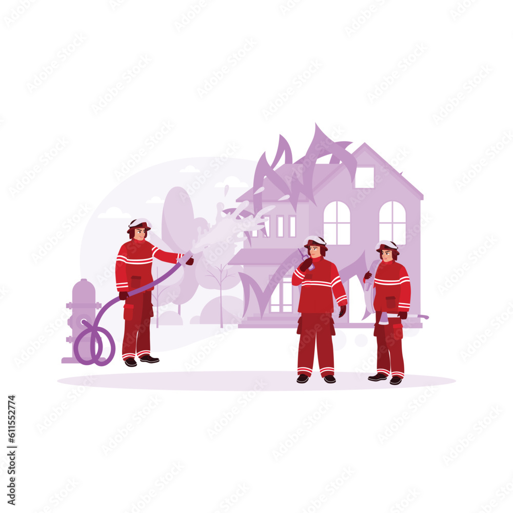 Fire a beautiful house with a variety of trees. Three firefighters were at the location of the fire. One of them splashed water using an APAR. Trend Modern vector flat illustration. Fire a beautiful house with a variety of trees. Three firefighters were at the location of the fire. One of them splashed water using an APAR. Trend Modern vector flat illustration.