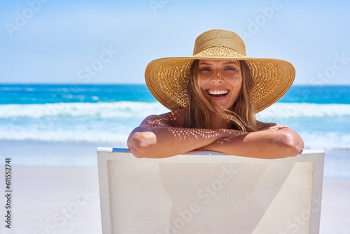 Canvas Print Portrait, beach and woman with a smile, holiday and summer getaway with tourism, break or travelling
