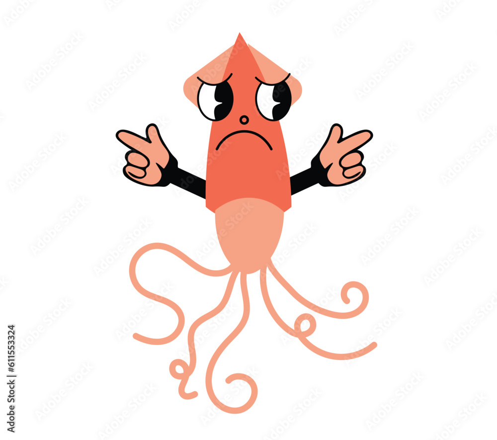 comic squid characters in retro cartoon style. Cute comic gloved hands