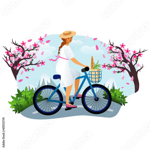 woman in a hat and dress on a bike ride cycling on the road with a view from a mountain and sakura in a flat style