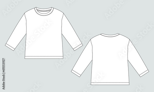 Long Sleeve Basic T-shirt overall technical fashion flat sketch vector Illustration template front and back views. Basic apparel Design Mock up for Kids and boys
