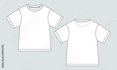 Short sleeve Basic T-shirt With technical fashion flat sketch vector Illustration template front and back views. Basic apparel Design Mock up for Kids and boys. 