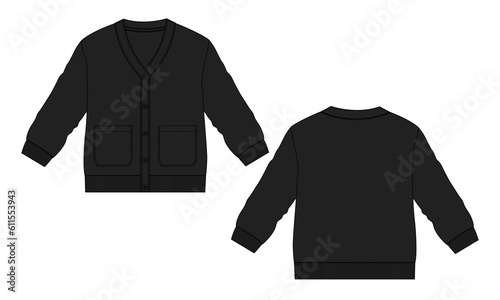 Long sleeve cardigan sweater technical drawing fashion flat sketch vector illustration black color template front and back isolated on white background.
