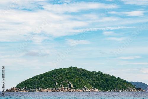 Desolate island with rocky coast and tropical forest. © Virgiliu