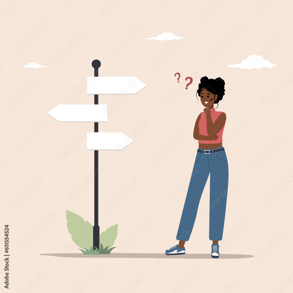 Fototapeta premium Young african woman in doubt. Cute female character standing at pointer and making choice or decision. Concept of finding right direction or route in life. Vector illustration in flat cartoon style.