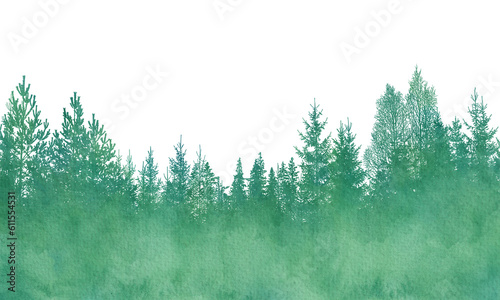 Watercolor landscape with trees. Background drawn landscape of foggy forest wild nature. Transparent png