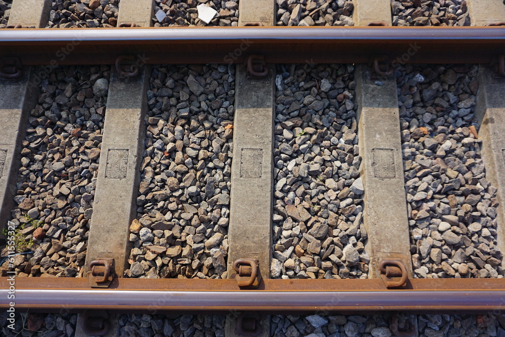 Closeup of the railroad tracks with top angle shot Closeup of the railroad tracks with top angle shot