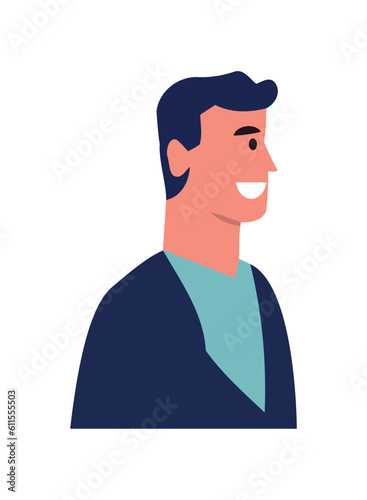 Smiling businessman icon in flat cartoon design