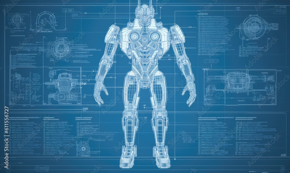 Infographic blueprint showcases the precise engineering and assembly of a robot. Creating using generative AI tools Infographic blueprint showcases the precise engineering and assembly of a robot. Creating using generative AI tools