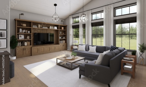 A blend of modern and farmhouse elements create a stylish living and family room. Creating using generative AI tools