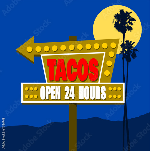 Retro neon taco sign with arrow at night with moon and palm trees 