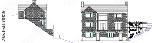 Vector sketch illustration of a modern minimalist industrial villa apartment on a hillside