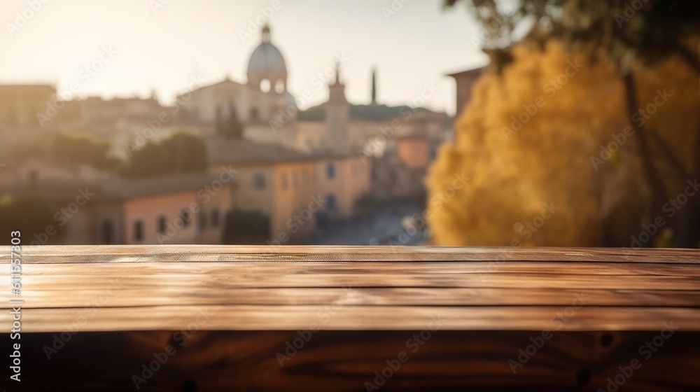 Wood table mockup with Rome city street in shallow depth of field. Copy space for product. Generative AI
