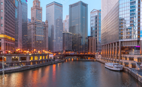 Cityscape of Chicago Riverwalk at Dusable bridge over Michigan rive