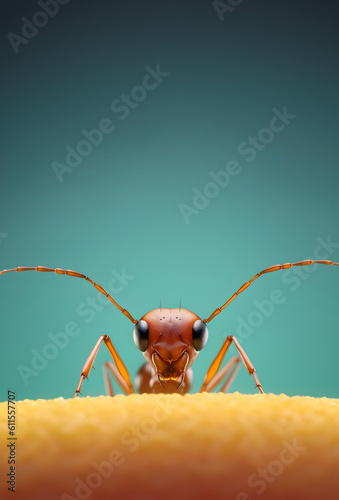 Creative animal concept. Ant insect on peeking over pastel bright background. advertisement, banner, card. copy text space. birthday party invite invitation 