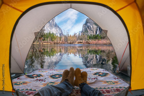 traveller sleep in tent with yosemite national park view