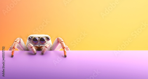 Creative animal concept. Spider peeking over pastel bright background. advertisement, banner, card. copy text space. birthday party invite invitation 