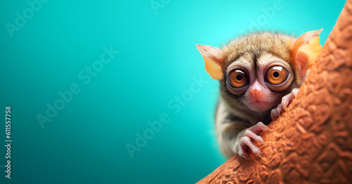Fototapeta Naklejka Na Ścianę i Meble -  Creative animal concept. Tarsier peeking over pastel bright background. advertisement, banner, card. copy text space. birthday party invite invitation