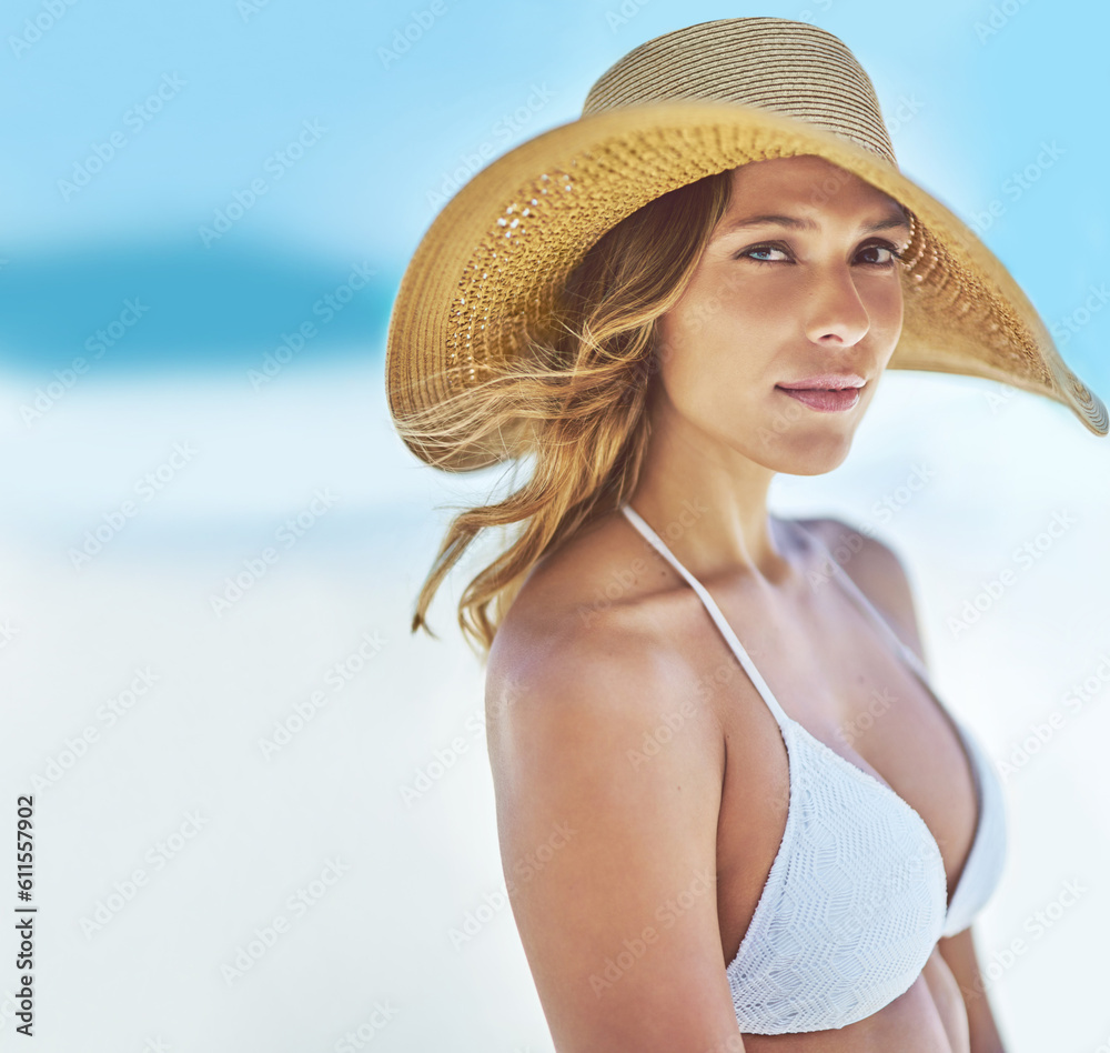 Travel, mockup and portrait of woman at beach for summer vacation, tropical and relax. Wellness, nature and holiday with face of female tourist and hat at seaside for sunbathing and paradise
