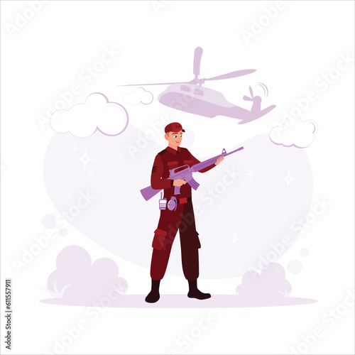 Special soldiers are carrying firearms and taking part in military maneuvers. With a helicopter in the air. Trend modern vector flat illustration.